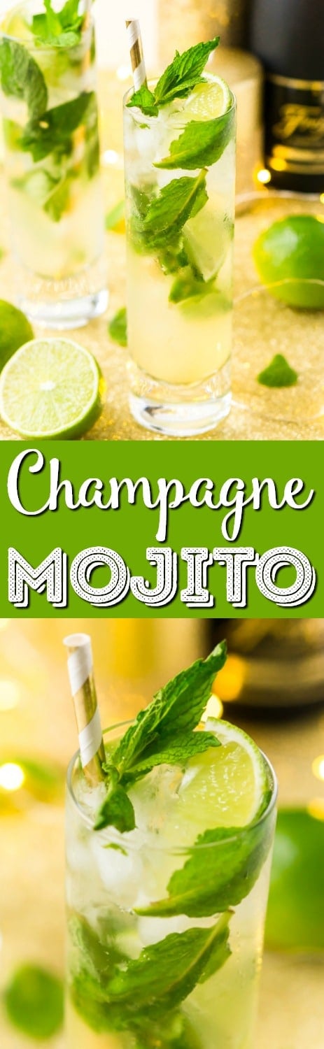 This Champagne Mojito Recipe is a bubbly twist on the classic cocktail making it perfect for parties and celebrations. Made with fresh limes, mint, simple syrup, rum, and champagne, everyone will love this zesty and refreshing cocktail! via @sugarandsoulco