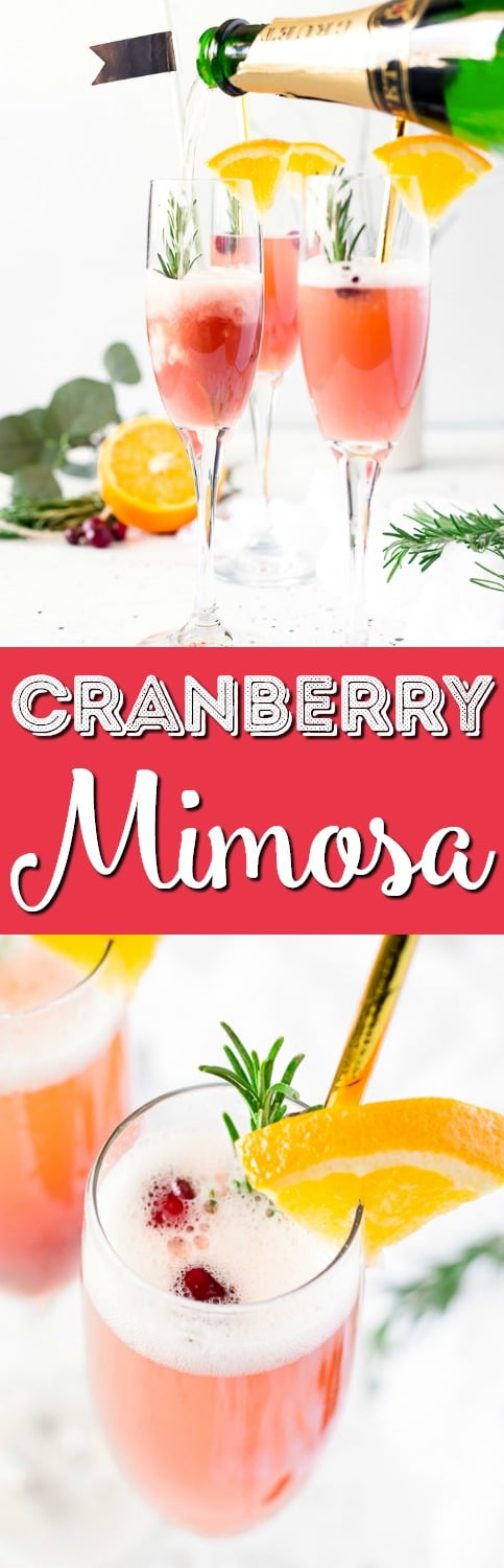 This Cranberry Orange Mimosa is the perfect cocktail for winter brunch! Made with cranberry and orange juice and champagne it's a fruity drink that you can serve up for Christmas or New Year's Eve or any other weekend celebration! via @sugarandsoulco