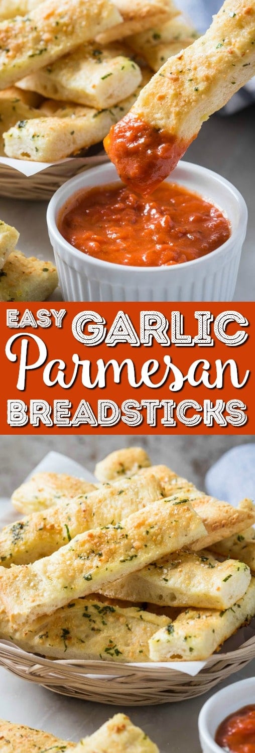 These homemade garlic parmesan breadsticks are so delicious and tempting. Fresh garlic, parmesan and subtle flavors of herbs make these breadsticks the best ever! And they are super easy to prepare. via @sugarandsoulco