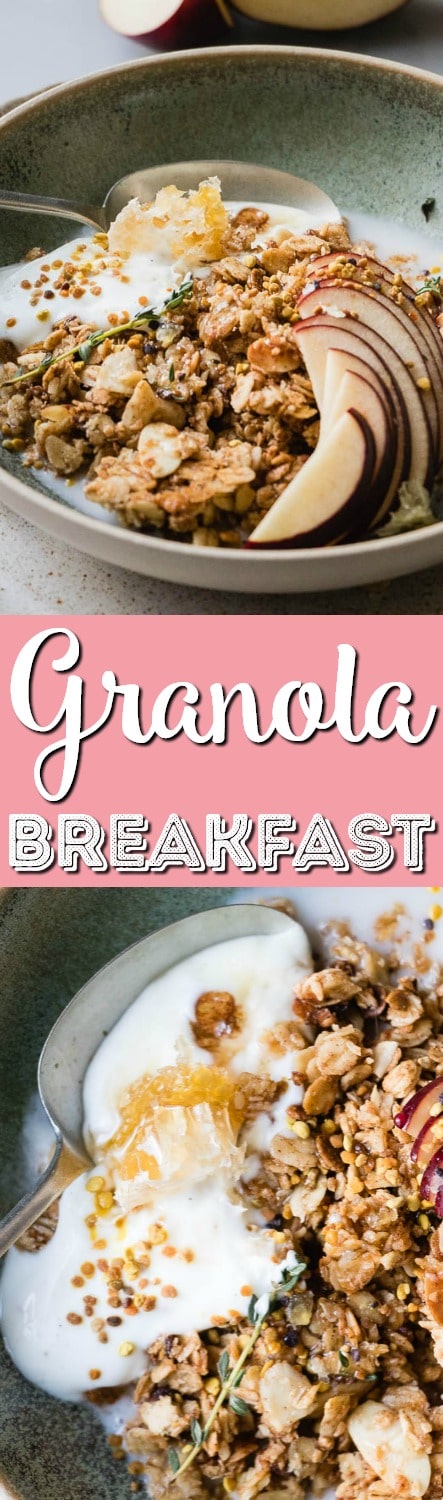 Warm Granola Breakfast Bowl is the perfect cozy start to any morning. Healthy oats, sweet, natural maple syrup and toasted almonds and coconut. These are the winter equivalent of a warm hug on a cold day. #Breakfast #Granola #Healthy via @sugarandsoulco