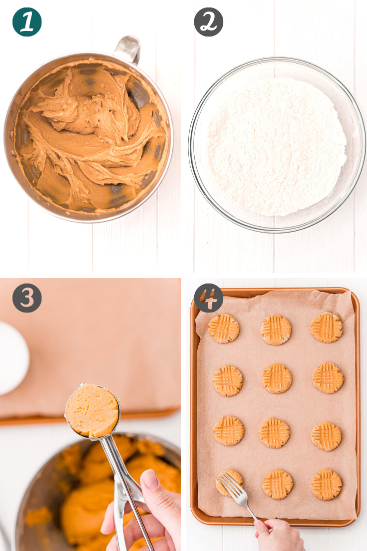 Step-by-step photo collage showing how to make peanut butter cookies.