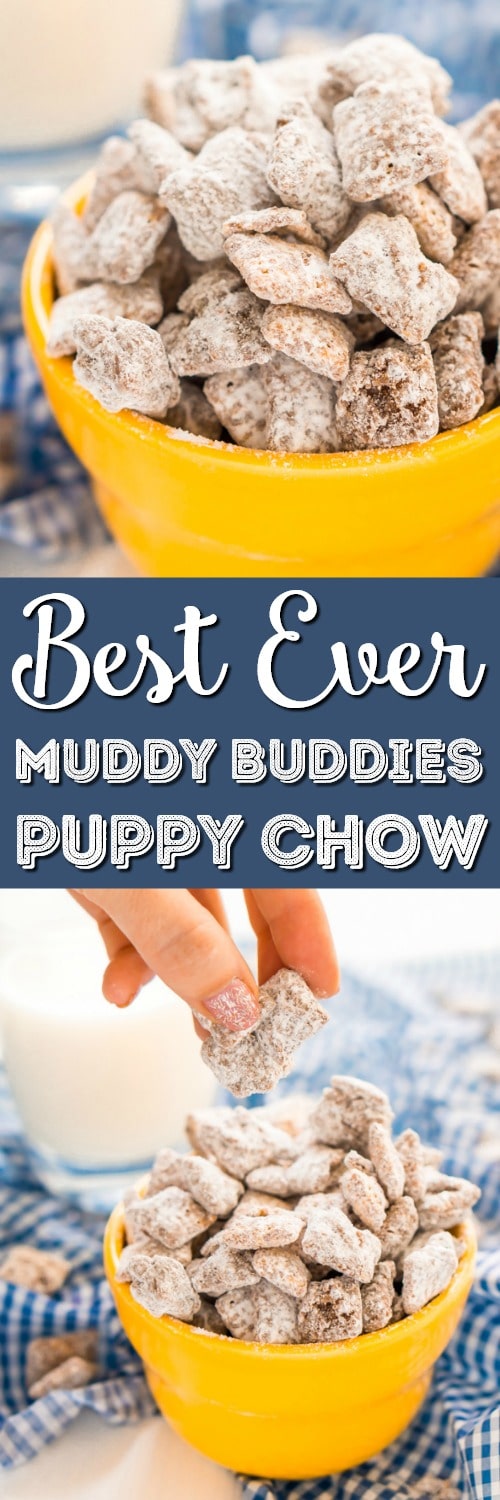 This Muddy Buddies or Puppy Chow recipe is an easy and addictive treat perfect for everyday celebrations and the holidays! Loaded with butter, chocolate, peanut butter, and powdered sugar, and ready in just 15 minutes!