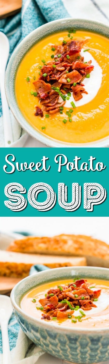 This Sweet Potato Soup is a creamy and filling dinner recipe that's made on the stovetop with onion, sweet potatoes, cream, stock, garlic, and spices! A comforting soup recipe for special occasions or chilly nights!