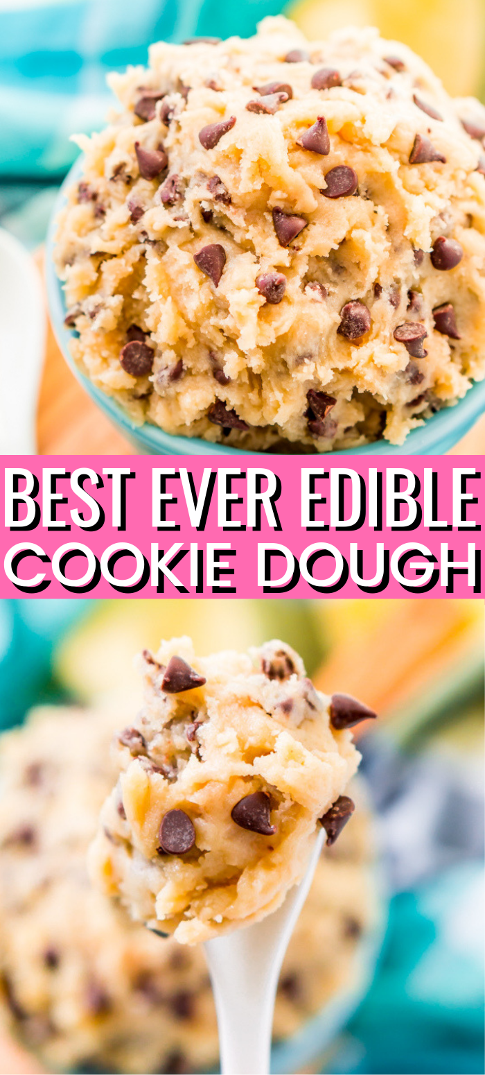 This Edible Cookie Dough recipe is an eggless and delicious treat you can make in just 10 minutes! Made with butter, sugar, flour, salt, and chocolate chips! via @sugarandsoulco