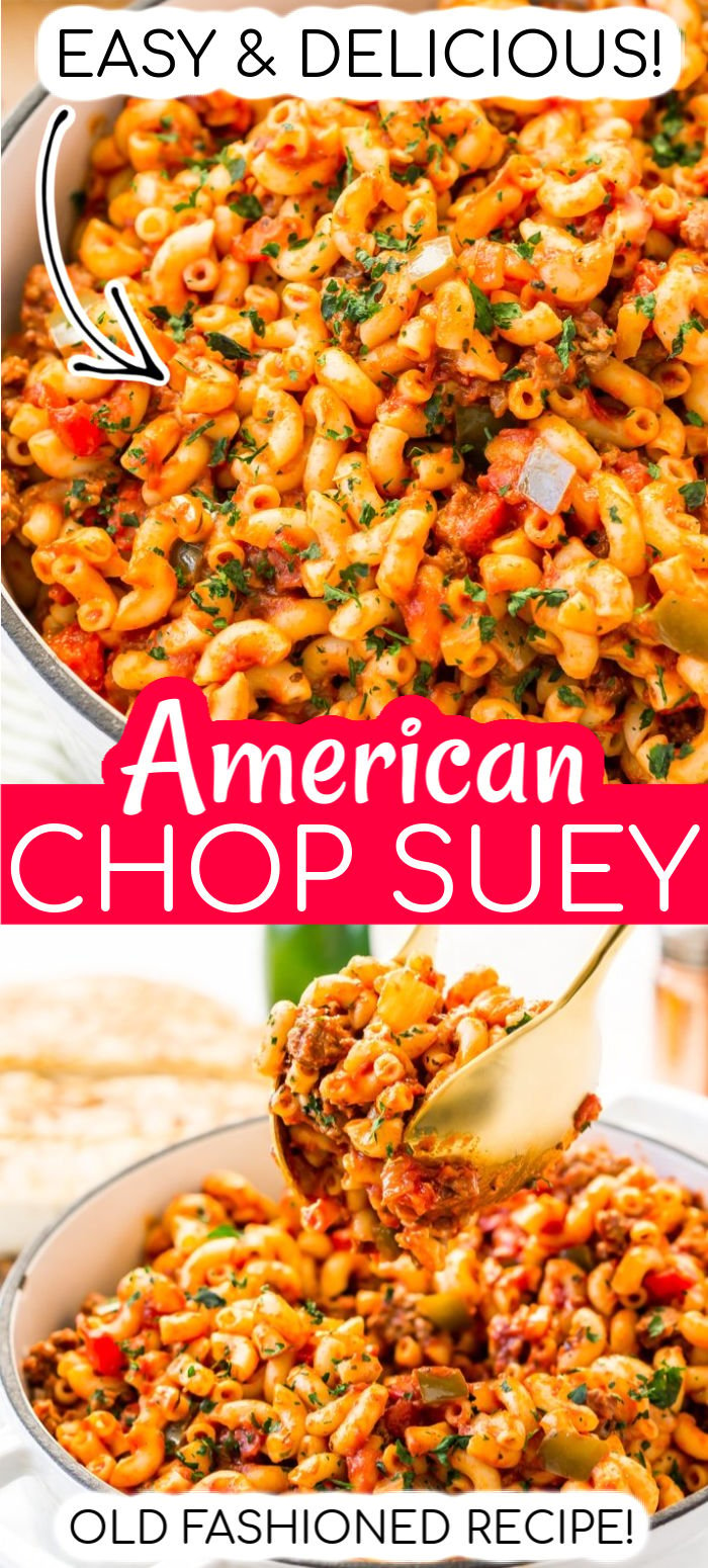 American Chop Suey is a delicious and easy dinner recipe made with ground beef, tomato, onion, green pepper, macaroni, and spices.

Pure comfort food made on the stovetop in just 30 minutes and makes a great weeknight dinner when served with dinner rolls and butter! via @sugarandsoulco