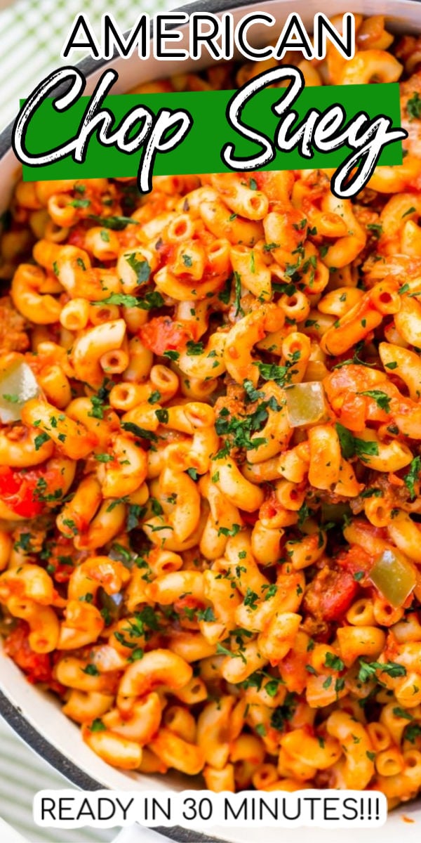 American Chop Suey is a delicious and easy dinner recipe made with ground beef, tomato, onion, green pepper, macaroni, and spices.

Pure comfort food made on the stovetop in just 30 minutes and makes a great weeknight dinner when served with dinner rolls and butter! via @sugarandsoulco