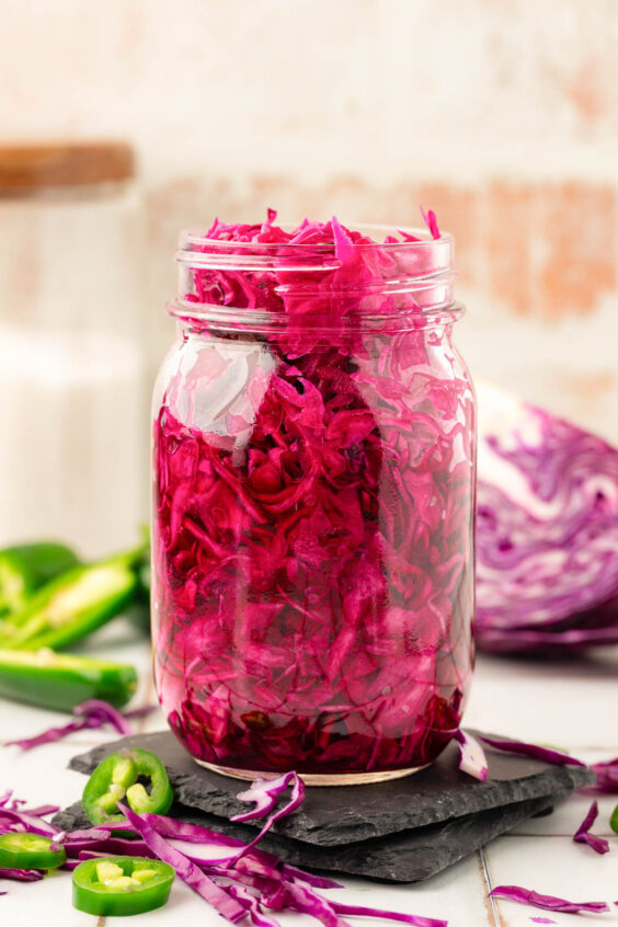 Pickled purple cabbage in a jar.