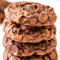 These Brownie Cookies are made from an adapted brownie box mix and are loaded with chocolate chips! They have a crisp outer edge and chewy fudge center just like a classic brownie!