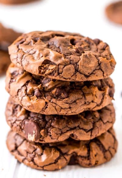 These Brownie Cookies are made from an adapted brownie box mix and are loaded with chocolate chips! They have a crisp outer edge and chewy fudge center just like a classic brownie!