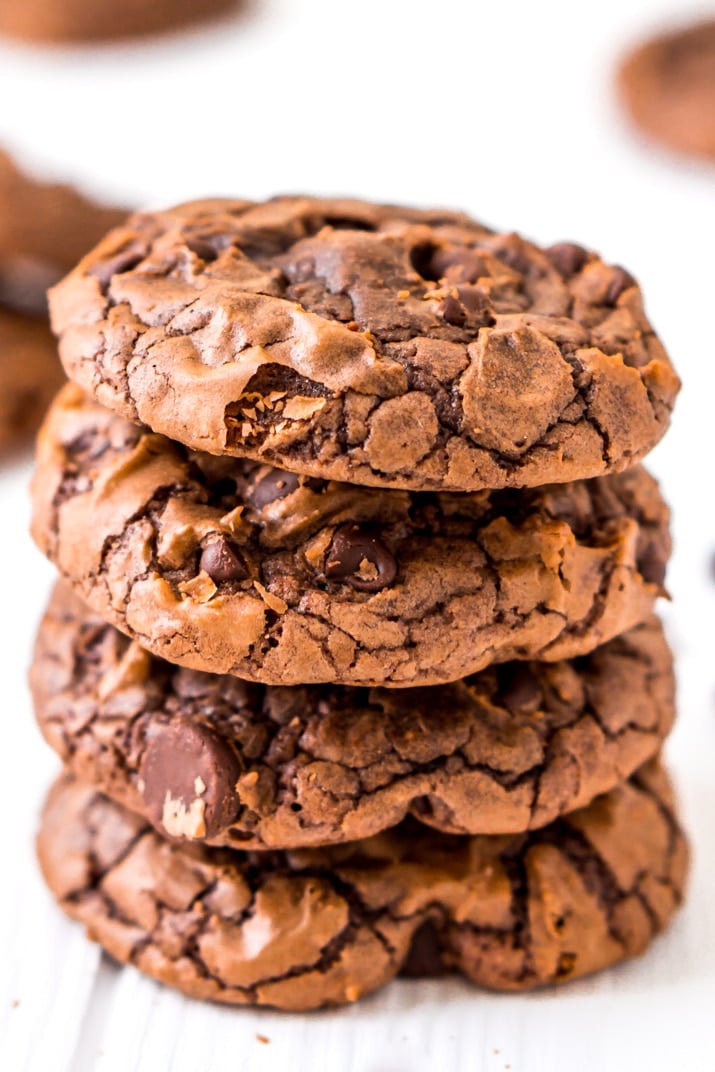 These Brownie Cookies are made from an adapted brownie box mix and are loaded with chocolate chips! They have a crisp outer edge and chewy fudge center just like a classic brownie!