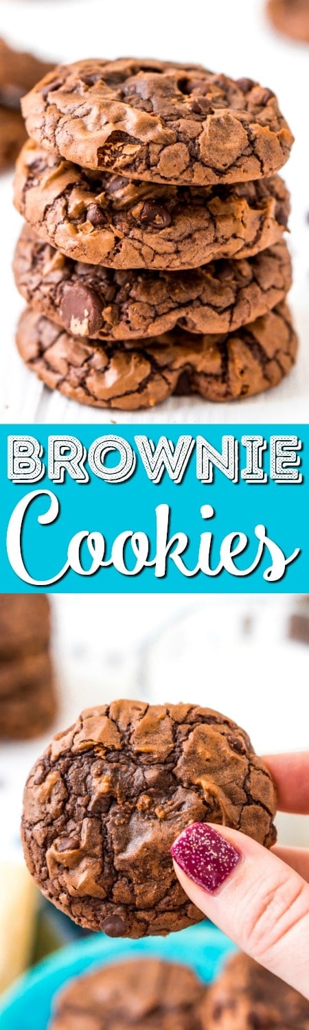 These Brownie Cookies are made from an adapted brownie box mix and are loaded with chocolate chips! They have a crisp outer edge and chewy fudge center just like a classic brownie! via @sugarandsoulco