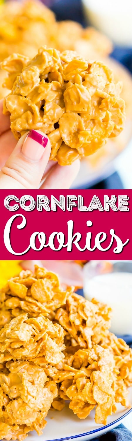 These Butterscotch Cornflake Cookies are made with just three ingredients: peanut butter, butterscotch, and frosted flakes. They're no-bake too which makes them the perfect easy dessert! via @sugarandsoulco