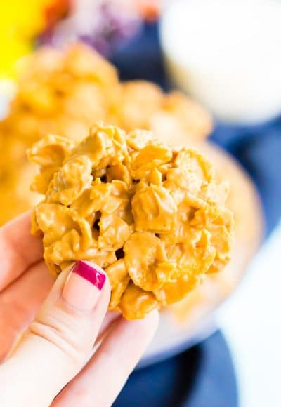 These Butterscotch Cornflake Cookies are made with just three ingredients: peanut butter, butterscotch, and frosted flakes. They're no-bake too which makes them the perfect easy dessert!