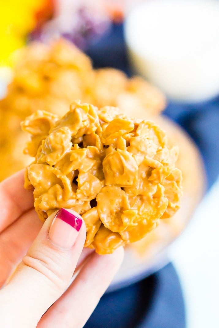 These Butterscotch Cornflake Cookies are made with just three ingredients: peanut butter, butterscotch, and frosted flakes. They're no-bake too which makes them the perfect easy dessert!