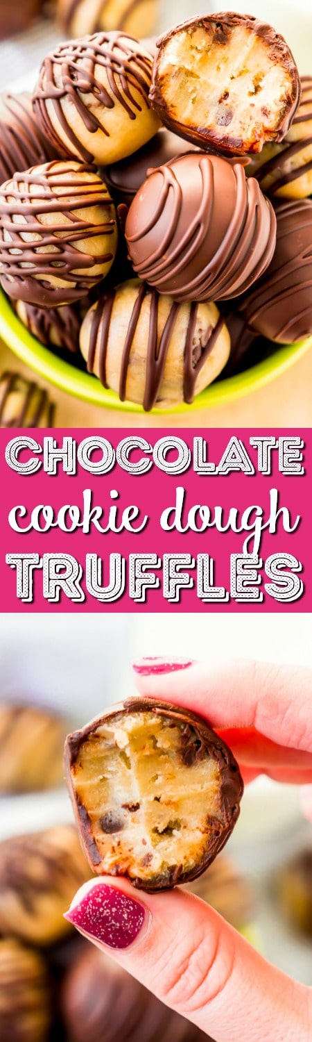 These Cookie Dough Truffles are easy to make, safe to eat, and totally addictive! These chocolate covered treats perfect for parties, game days, or to satisfy cravings any time of the day or night. via @sugarandsoulco