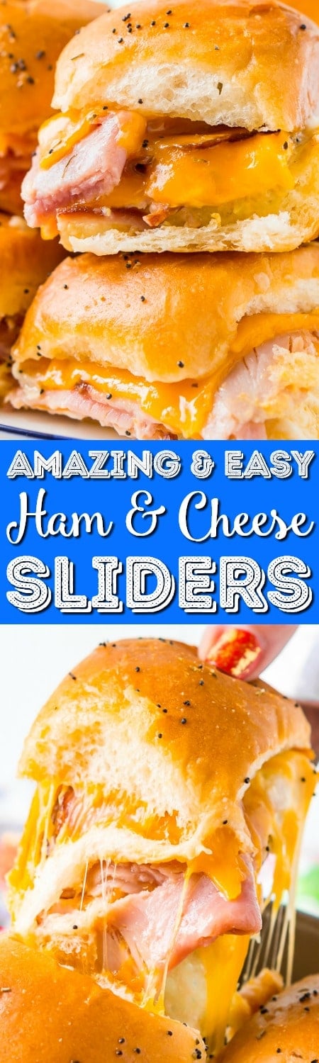 This Ham and Cheese Sliders Recipe is the ultimate EASY game day dish or weeknight dinner! Made with simple, family-favorite ingredients, these sliders made with honey ham and melted cheddar cheese will have everyone begging for seconds! #sliders #gameday #ham #cheese #appetizer #partyfood