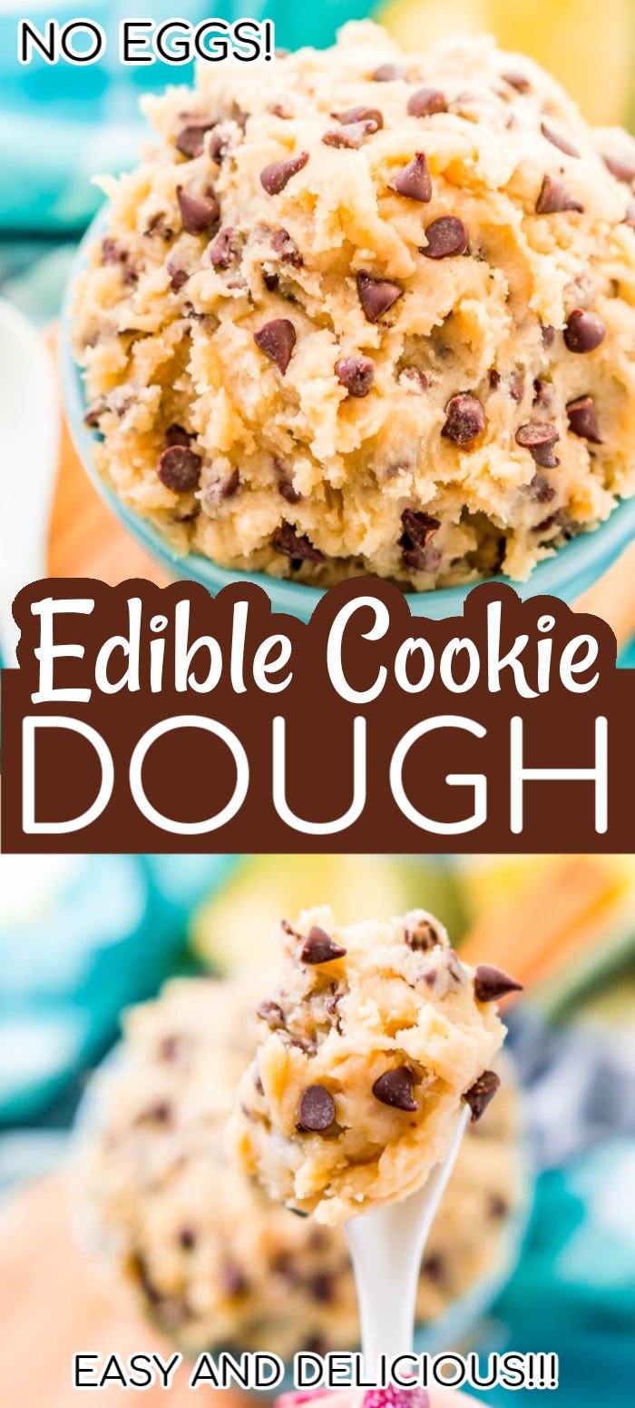 This Edible Cookie Dough recipe is an eggless and delicious treat you can make in just 10 minutes! Made with butter, sugar, flour, salt, and chocolate chips! via @sugarandsoulco