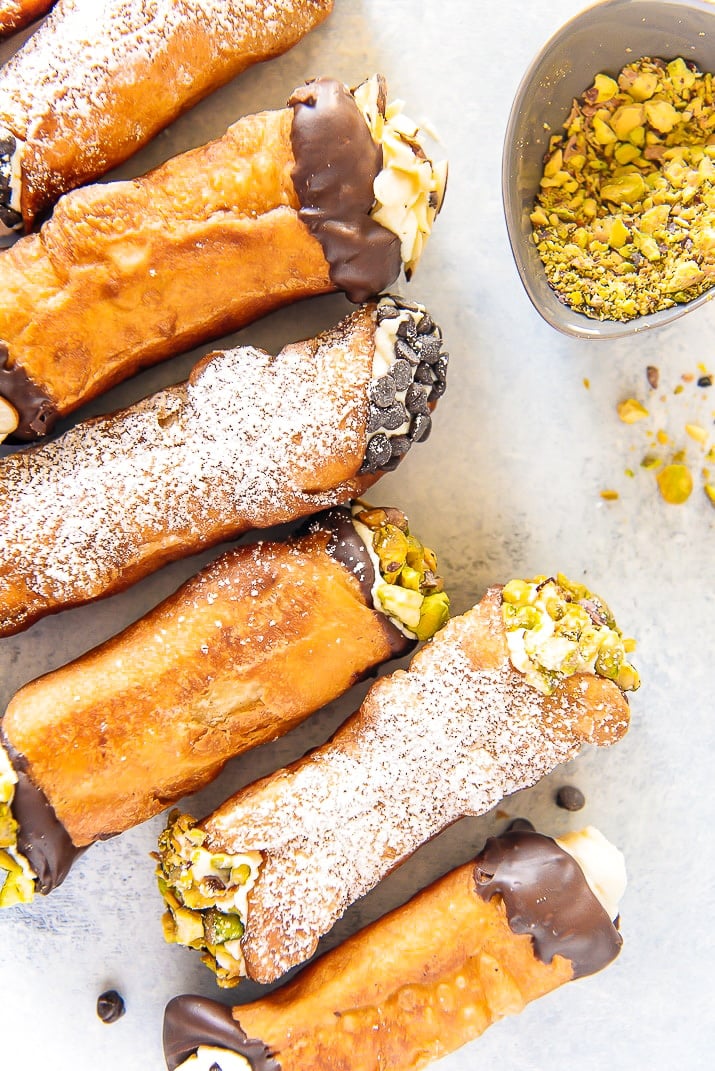 Close up overhead photo of a row of cannoli.