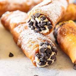 Close up photo of cannoli with chocolate chips.