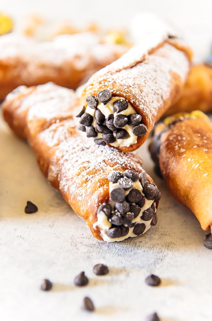 Close up photo of cannoli with chocolate chips.
