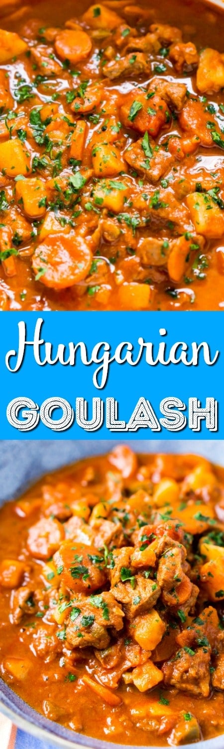 This Hungarian Goulash recipe is a rich and hearty dinner loaded with beef, carrots, potatoes, sweet paprika, and more. An easy stew recipe that reheats well and tastes delicious!