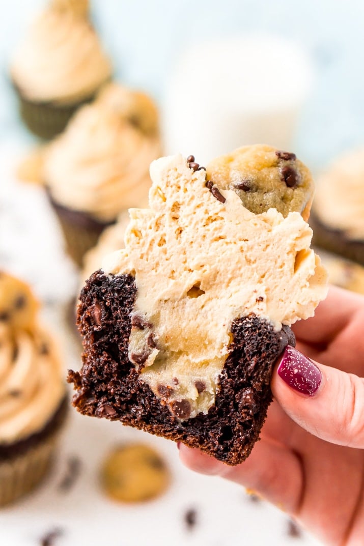 Recipe for Chocolate Chip Cookie Dough Cupcakes with Peanut Butter Frosting