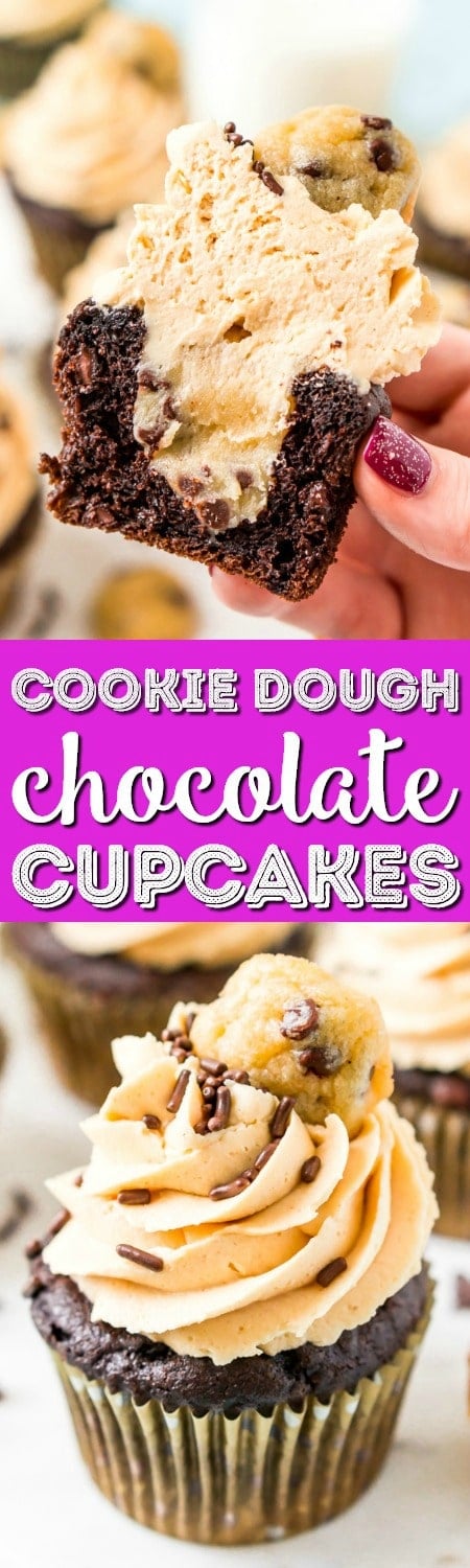 These Cookie Dough Cupcakes are made by stuffing an edible cookie dough into moist chocolate cupcakes and then topping them with a velvety peanut butter frosting, sprinkles, and a mini chocolate chip cookie! via @sugarandsoulco