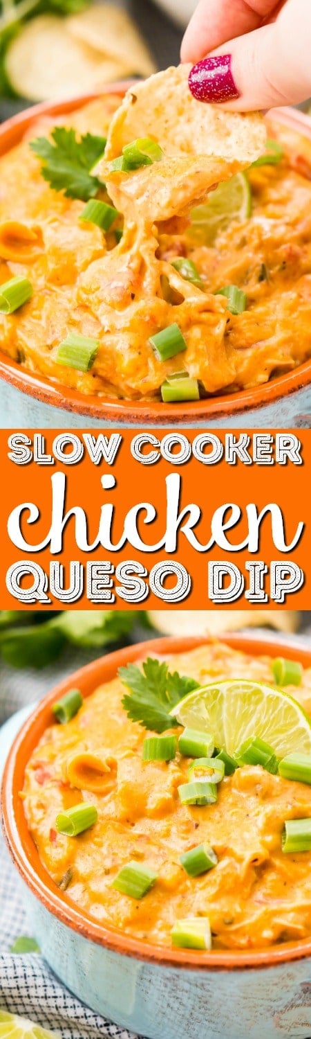 This Slow Cooker Chicken Queso Dip is an easy and addicting party dip made with shredded chicken, cheese, green chiles, tomatoes, green onions, and lots of spice!