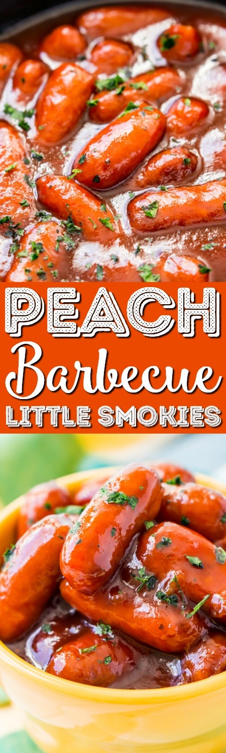 These Peach Barbecue Little Smokies are going to be an instant game day party hit! Made in the slow cooker with barbecue sauce, peach preserves, and cayenne pepper, it’s an addictive appetizer recipe everyone will love! via @sugarandsoulco