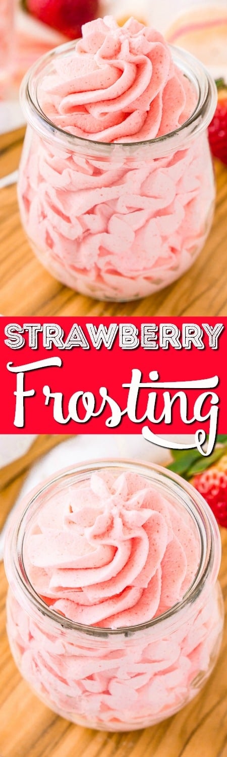 This Strawberry Frosting is so easy to make with just 3 ingredients. It's a light, fluffy, and delicious pink frosting you can use on cupcakes, cakes, and more! #strawberry #frosting 