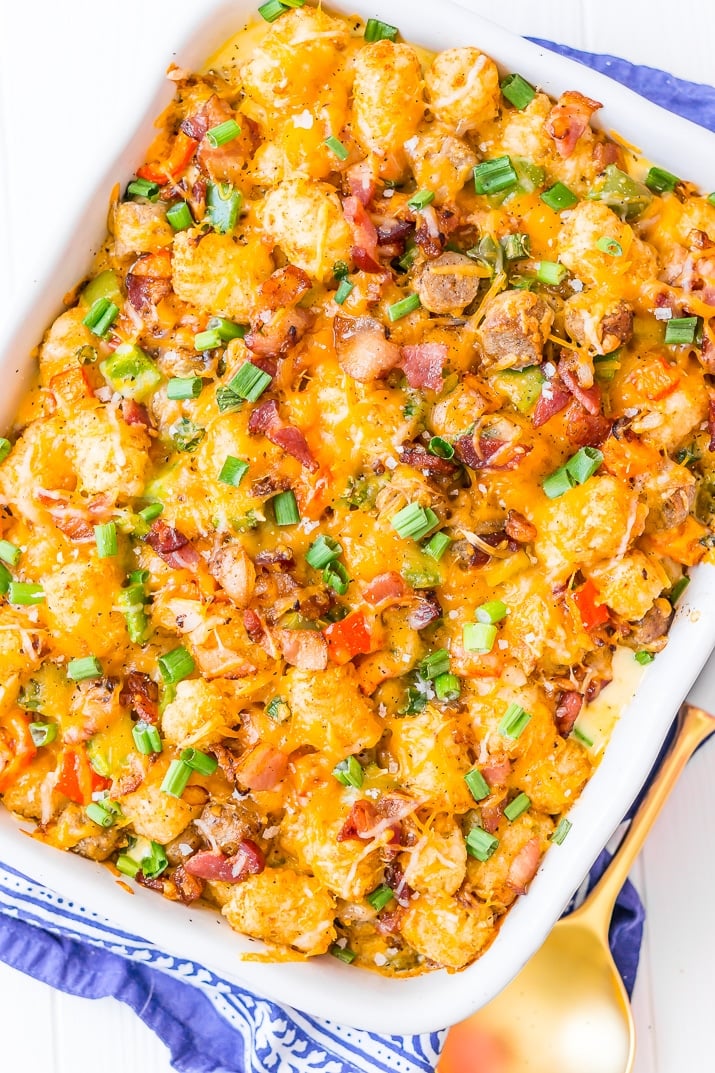 Overhead photo of tater tot breakfast casserole