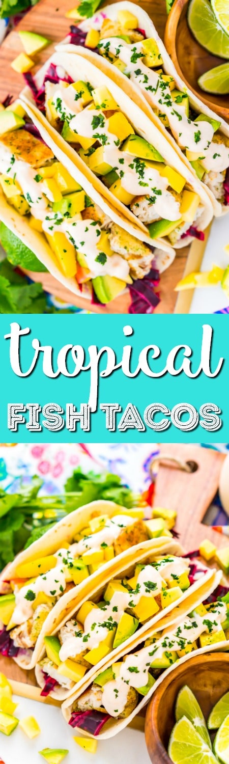 This Fish Tacos Recipe is an easy dinner recipe made with frozen tilapia, flour tortillas, pickled cabbage, avocado, mango, cilantro, and lime juice. It's a simple and light and only takes about 30 minutes to make!