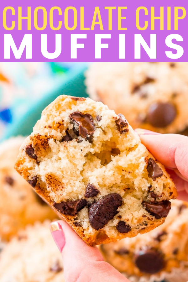 These Chocolate Chip Muffins are just the thing to start or end your day! A little dense and a little sweet, these cookie-like muffins are like eating dessert for breakfast! via @sugarandsoulco
