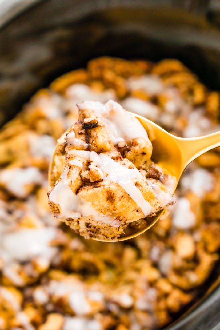 Scoop of cinnamon roll casserole