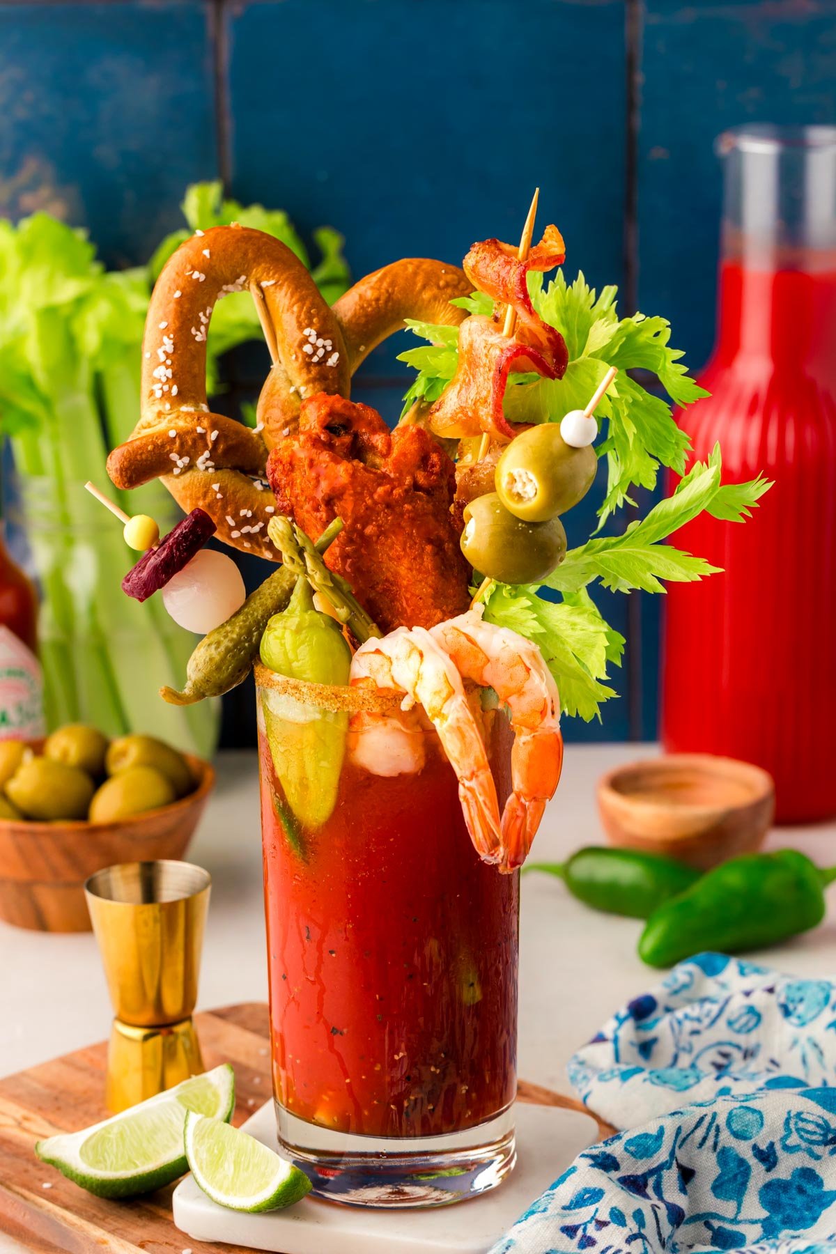Bloody Mary with big savory garnishes.