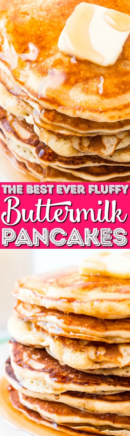 The Best Homemade Buttermilk Pancakes are the perfect weekend breakfast! They're made from scratch and super fluffy and buttery and delicious! Just top with butter and syrup and you're golden!