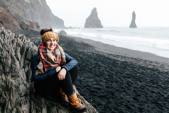 Girl on Black Sand Beach in Vik, Iceland