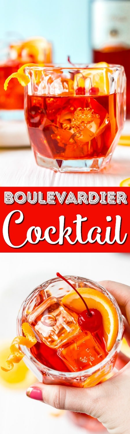 This Boulevardier is an Americanized version of the classic Negroni Cocktail, trading in the gin for rye whiskey. It's a simple and sophisticated drink made with whiskey, Campari, and sweet vermouth served on the rocks.