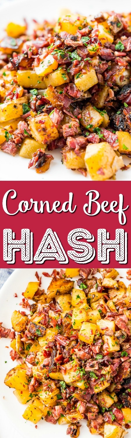 This Corned Beef Hash is a salty and delicious breakfast dish the whole family will love! A simple hash made with brisket, potatoes, onions, butter, thyme, and pepper and a great way to use up leftover Corned Beef!