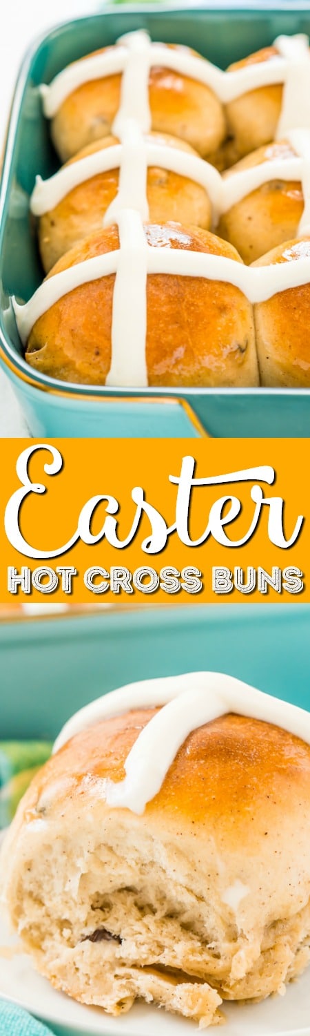 These Hot Cross Buns are a spiced sweet bun loaded with currants or raisins and topped with vanilla icing. They're a traditional Good Friday and Easter recipe!