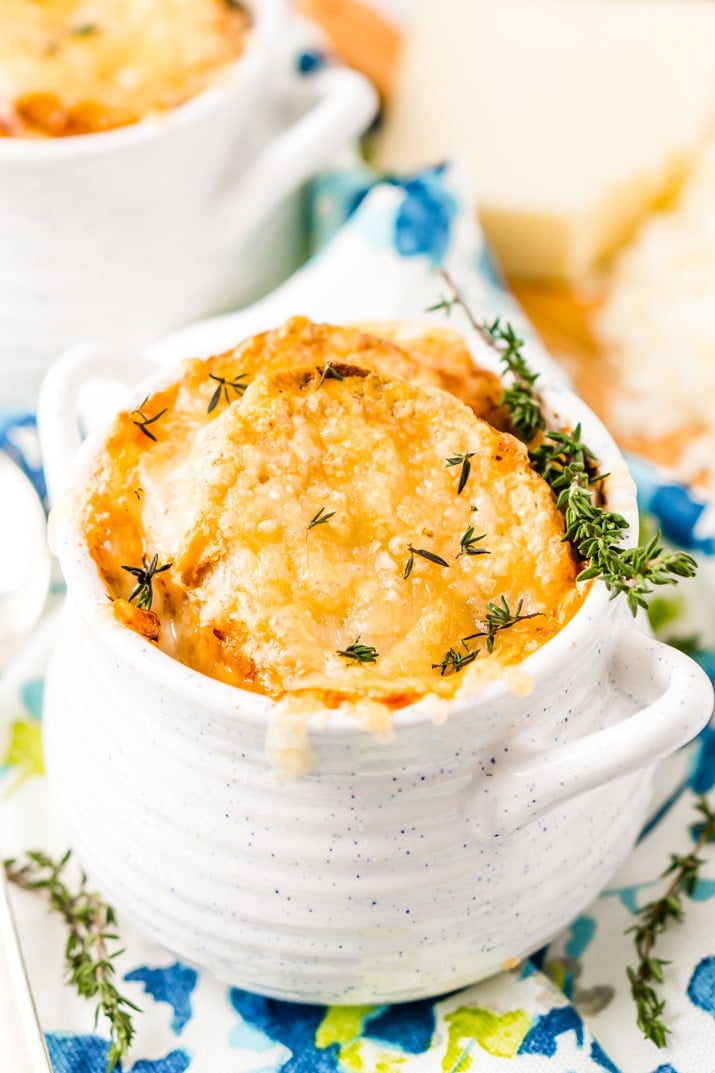 French Onion Soup is a classic dish made with caramelized onions, beef broth, and spices. Topped with crusty French Bread and a layer of melted Gruyère cheese, it’s sophisticated enough for a dinner party but comforting enough for a cozy night in!