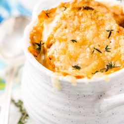 French Onion Soup is a classic dish made with caramelized onions, beef broth, and spices. Topped with crusty French Bread and a layer of melted Gruyère cheese, it’s sophisticated enough for a dinner party but comforting enough for a cozy night in!