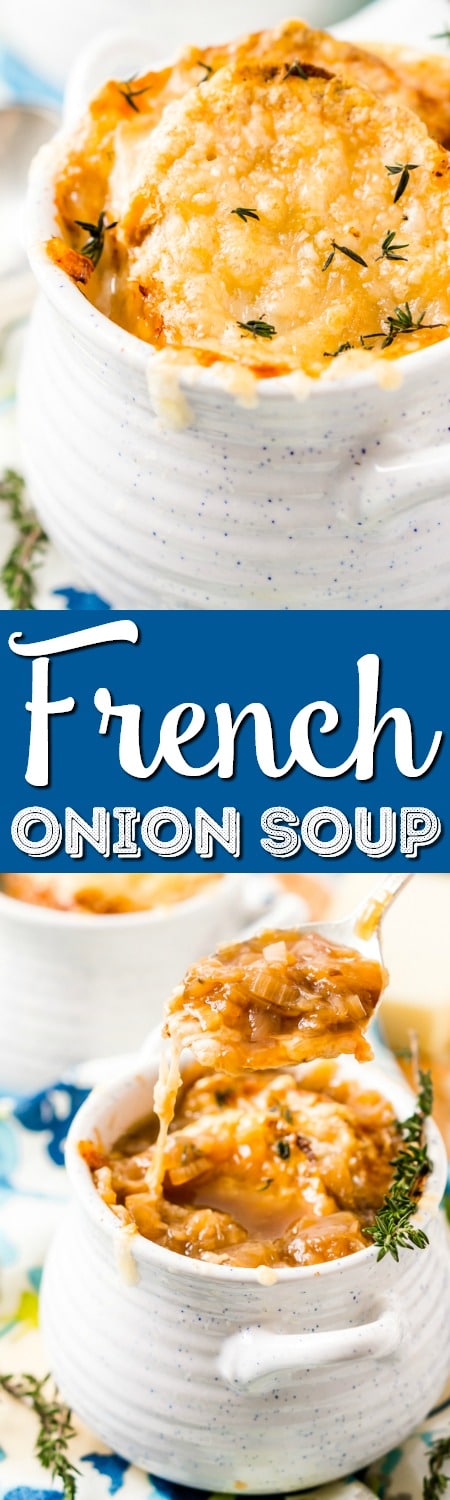 French Onion Soup is a classic dish made with caramelized onions, beef broth, and spices. Topped with crusty French Bread and a layer of melted Gruyère cheese, it’s sophisticated enough for a dinner party but comforting enough for a cozy night in!