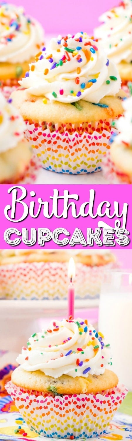 These Birthday Cupcakes are a delicious and fluffy vanilla almond cake that's loaded with sprinkles and topped with an easy and addictive whipped frosting! via @sugarandsoulco