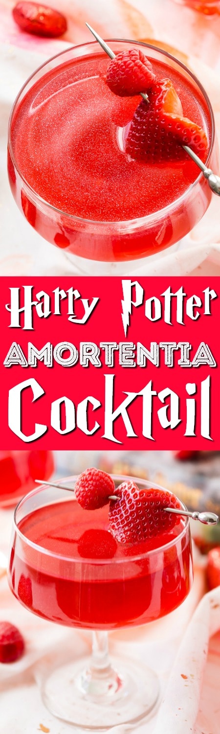 This Harry Potter Amortentia Cocktail is made with cranberry juice, vodka, grenadine and pearl dust! It's the perfect sweet and shimmery love potion to serve up for Valentine's Day or any other special occasion. #harrypotter #lovepotion #cocktail #vodka #cranberry #valentinesday #recipe