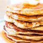 The Best Homemade Buttermilk Pancakes are the perfect weekend breakfast! They're made from scratch and super fluffy and buttery and delicious! Just top with butter and syrup and you're golden!