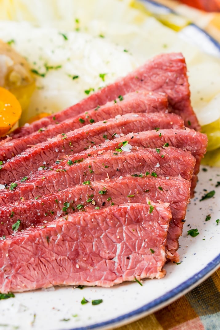 Close up of sliced corned beef on plate