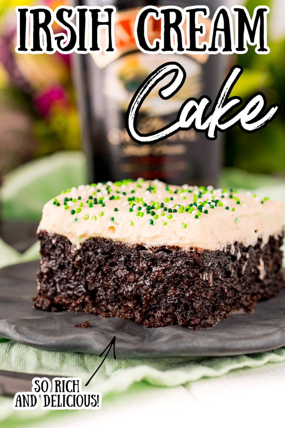 Chocolate Irish Cream Cake is made with a generous dose of Irish cream and topped with a fluffy, pudding-based frosting. This grown-up dessert is moist, rich, and oh-so-boozy! via @sugarandsoulco