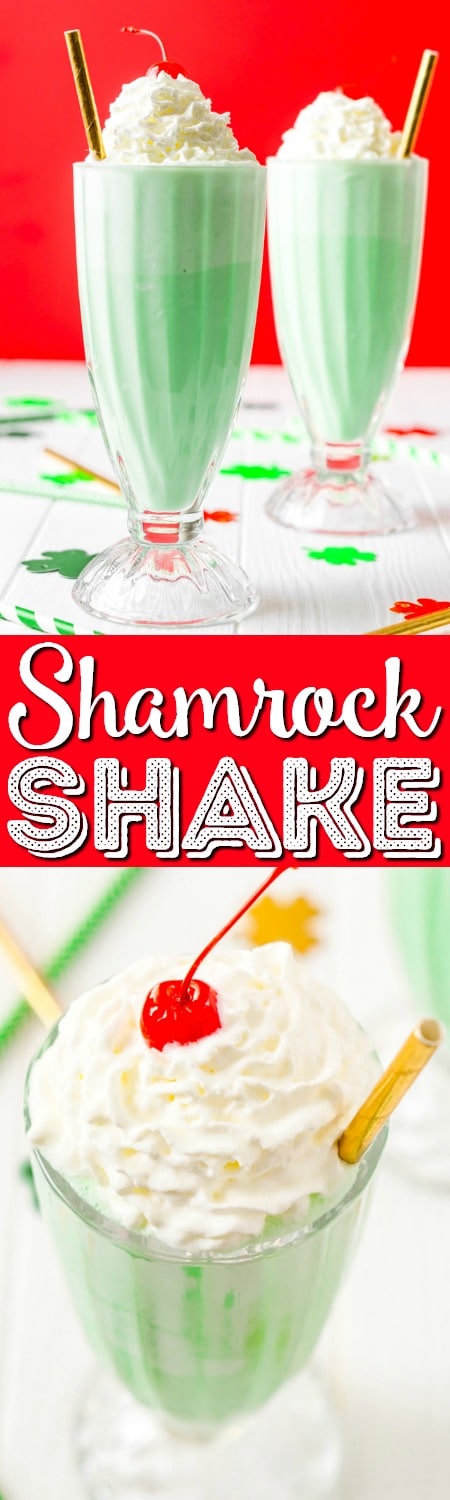 This Shamrock Shake is a McDonald's Copycat recipe that tastes just like the real thing! A thick and sweet vanilla mint shake for St. Patrick's Day!