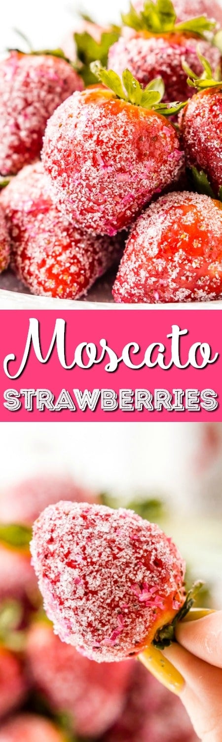These Moscato Strawberries are a simple 3-ingredient recipe made with pink Moscato champagne, fresh juicy strawberries, and sugar! An easy dessert for NYE, Oscar parties, Valentine's Day, Bridal Showers, and more!